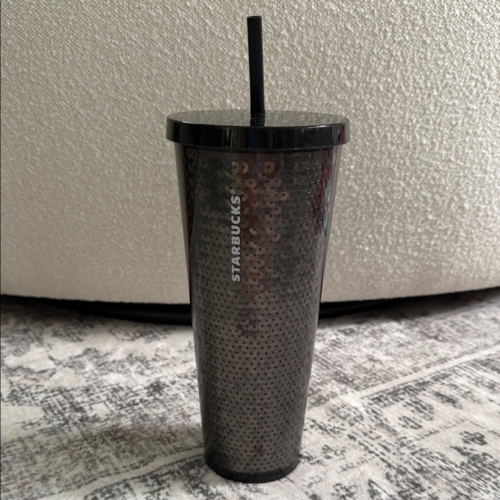 Starbucks 24oz Black Sequin Tumbler with Lid and Straw